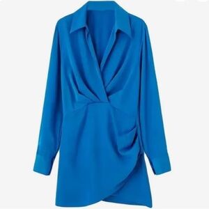 Women's Blue Gathered Satin Mini Dress